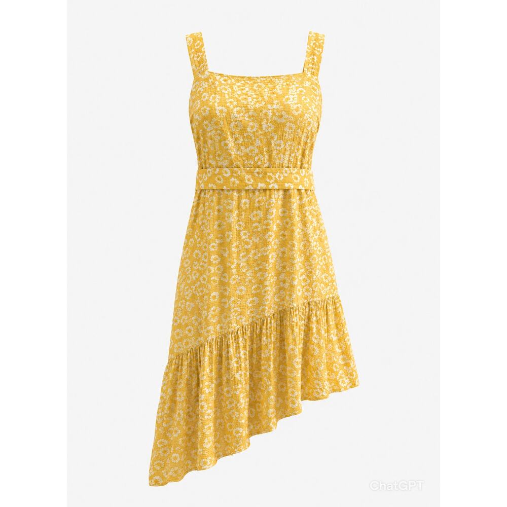 SAM EDELMAN Feminine Boho Yellow Floral Assymetrical Hem Strap Midi Sundress 14